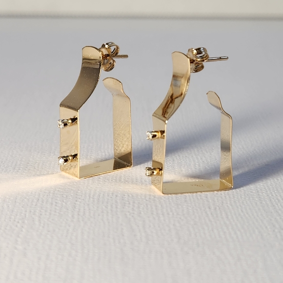 Rare Mid 80s 14K Gold Modernist Geometric Hoop & Diamond Stud Earrings 3.30g - Picture 6 of 16